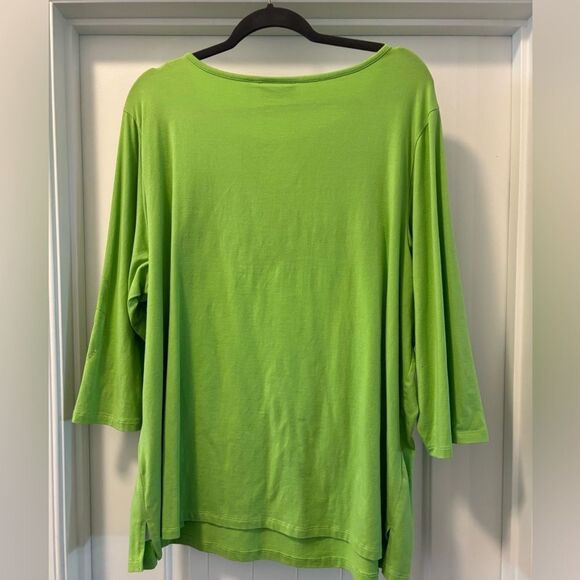 Quacker Factory Flamingo Beach Vacay Green Embroidered 3/4 Sleeve Top Size 2X - Picture 3 of 6